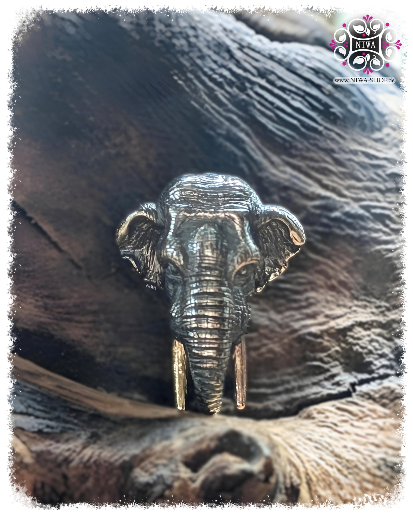 ROYAL CHANG Lock in 925 Silver and 18K TripleTone Gold by MAMA MALA | Handcrafted Elephant Head with One Yellow Gold and One Rose Gold Tusk in Siam Style