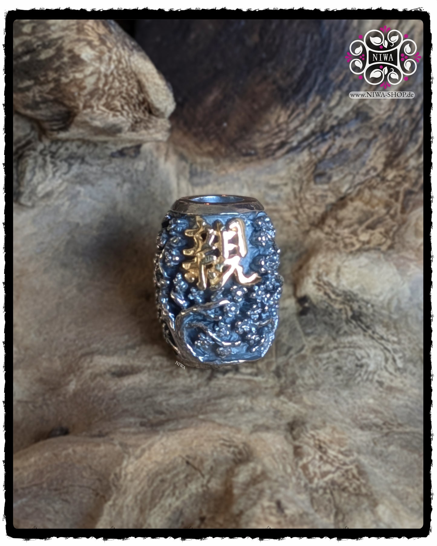 GOODWILL BarrelCharm MAMA MALA, front view, Chinese character for good intention in solid 18K yellow gold, detailed Sakura tree in 925 sterling silver, BarrelCharm from the CHINESE series