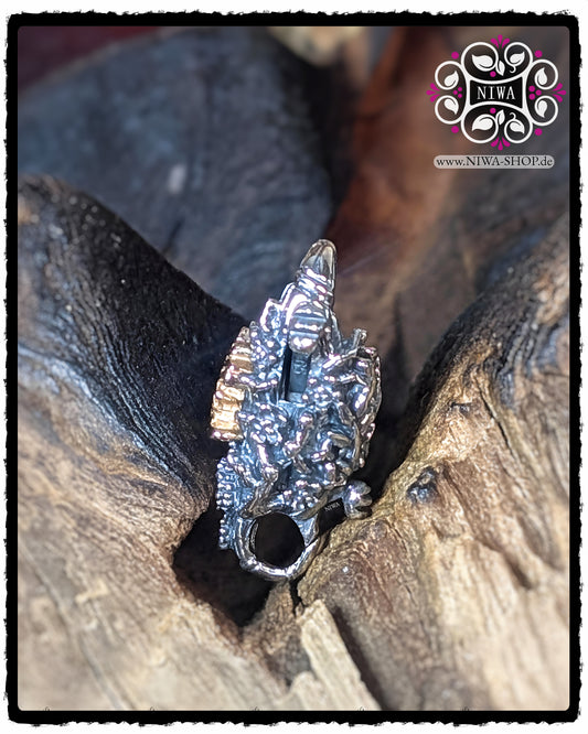 CHINESE LOVE LOCK zweite Seitenansicht in 925 STERLINGSILBER und 18K GelbGold mit plastischen ORCHIDEENBLÜTEN und geschwungenen RANKEN, TwoTone-Design dezent angedeutet