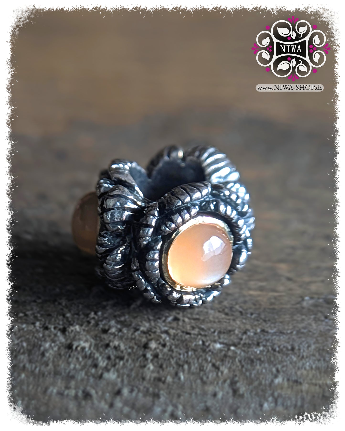 BABY PEONY BLOOM MiniCharm Cabochon Edition with peach moonstone, single view from the front with cabochon and gold setting by NIWABeads