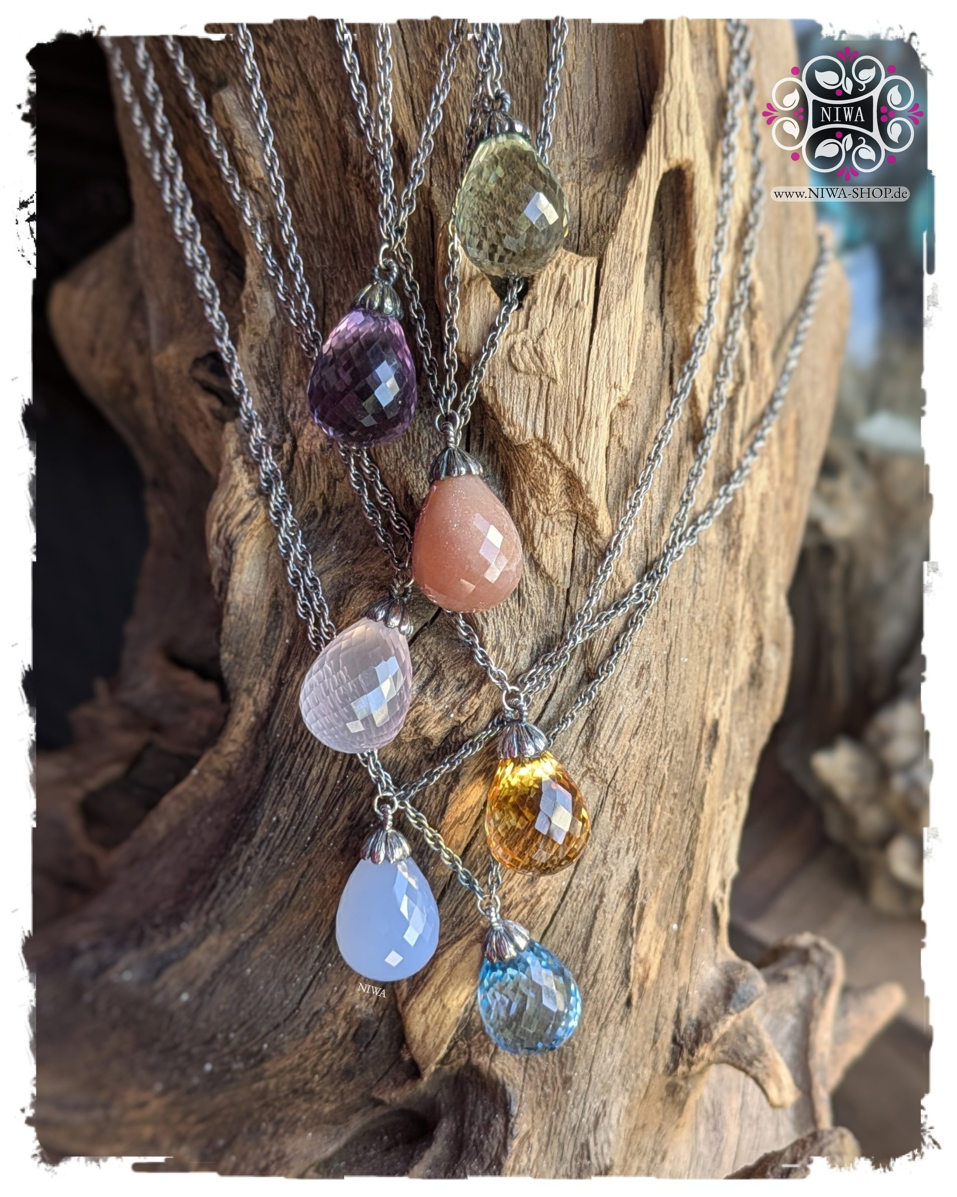 FANTASY CLASSIC Necklace aus massivem 925 SterlingSilber von NIWABeads | Lange 80 cm Halskette mit Edelstein-Anhänger (z.B. Blauer Topas)