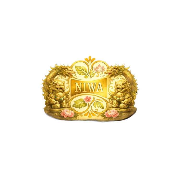 NIWA Logo im CHINESE Serie Stil mit goldener Aura, floralen Elementen (Peony und Lotus), Bambusstruktur sowie Shi-Fu Lions links und rechts und Drachenornamenten in warmen Ocker und Goldtönen, transparenter Hintergrund.