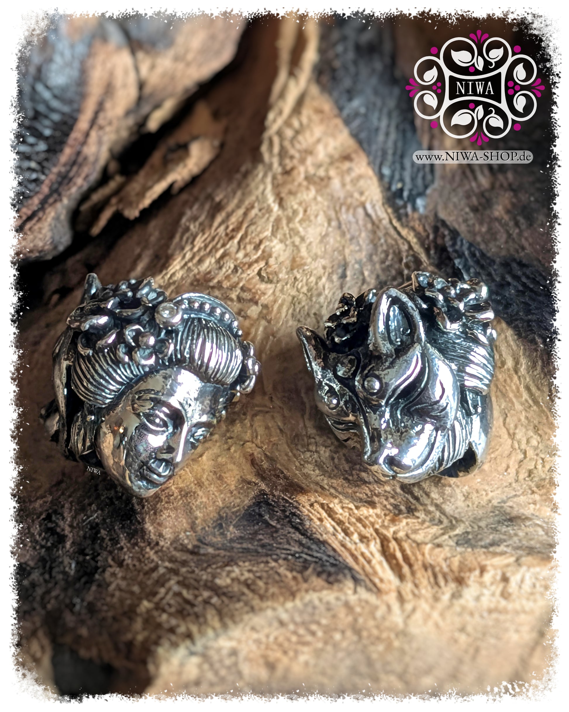 MAMA MALA, ASIA Collection, JAPAN series, GEISHA with KITSUNE mask charm made of 925 sterling silver, both sides next to each other, GEISHA face and KITSUNE mask, floral hair jewelry with two white diamonds.