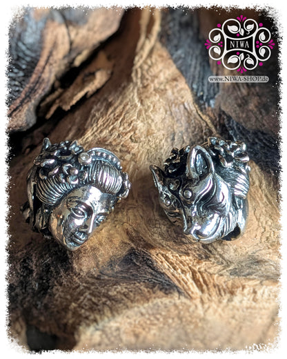 MAMA MALA, ASIA Collection, JAPAN series, GEISHA with KITSUNE mask charm made of 925 sterling silver, both sides next to each other, GEISHA face and KITSUNE mask, floral hair jewelry with two white diamonds.