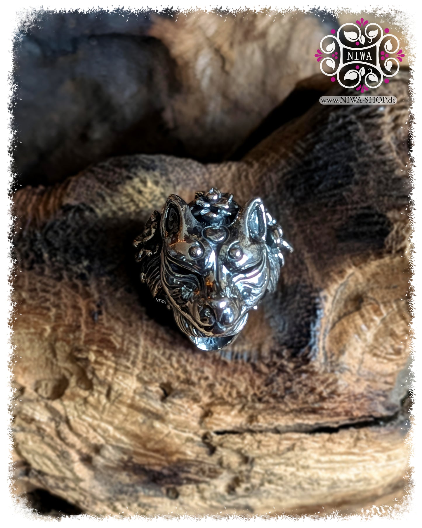 MAMA MALA, ASIA Collection, JAPAN series, GEISHA with KITSUNE mask charm made of 925 sterling silver, both sides next to each other, GEISHA face and KITSUNE mask, floral hair jewelry with two white diamonds.