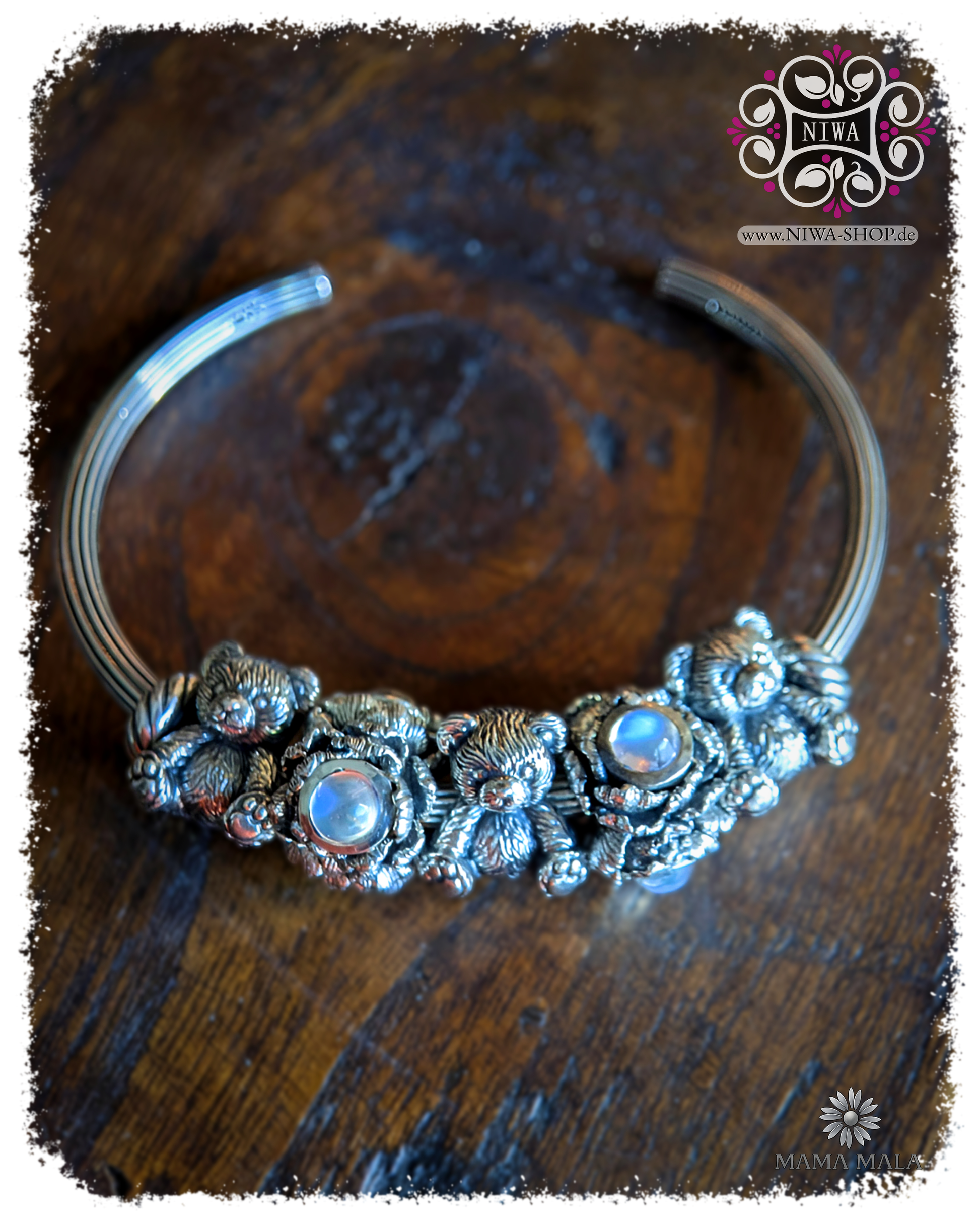 POPPY BLOOM charm made of solid 925 sterling silver with 3x Blue Moonstone cabochons, combined on the bangle with LITTLE TEDDY charms from NIWABeads on wood, MAMA MALA by NIWA