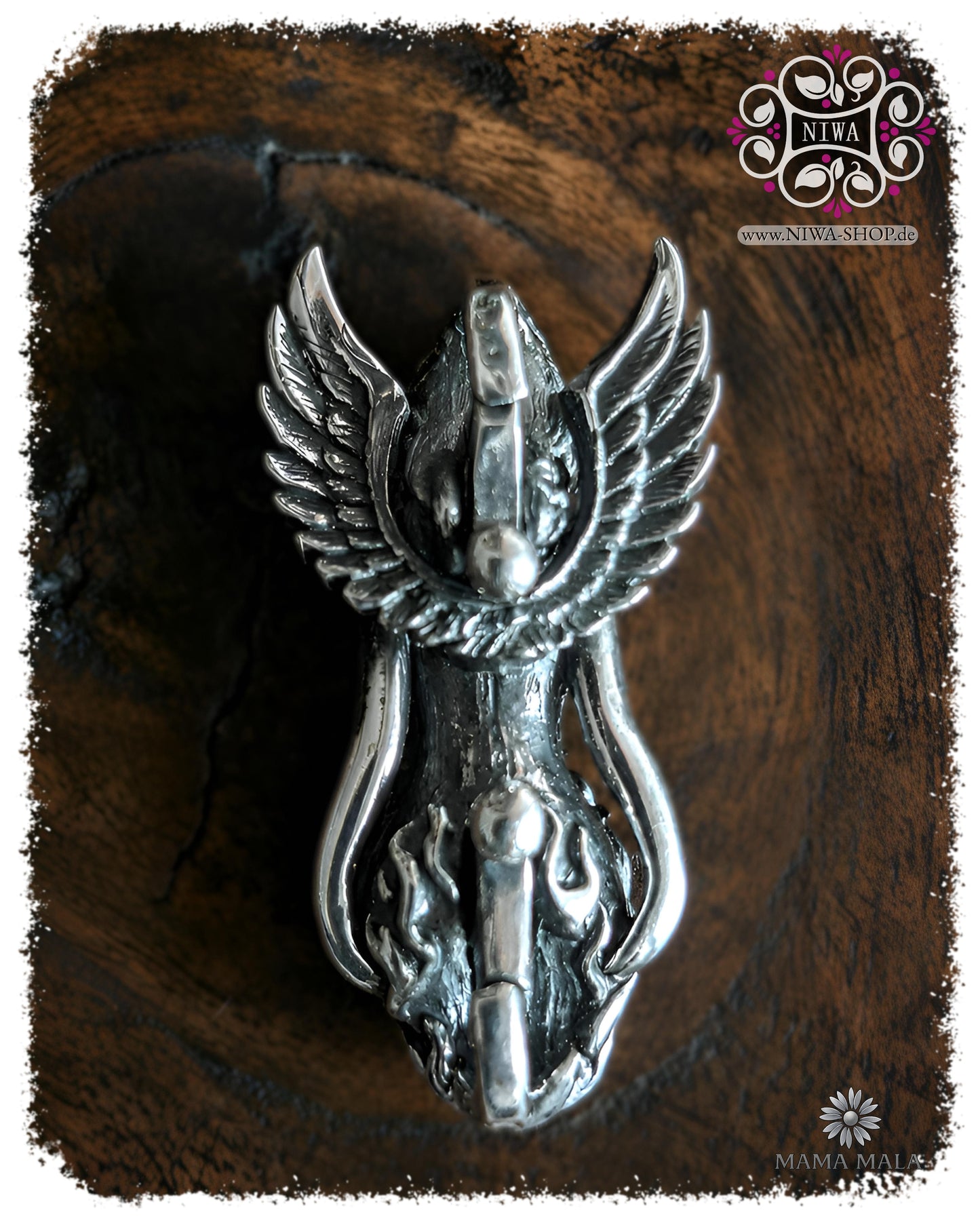 PHOENIXIA BORN of FIRE Lock by MAMA MALA made of 925 sterling silver in rear view on dark wood, with opened phoenix wings and integrated locking mechanism.