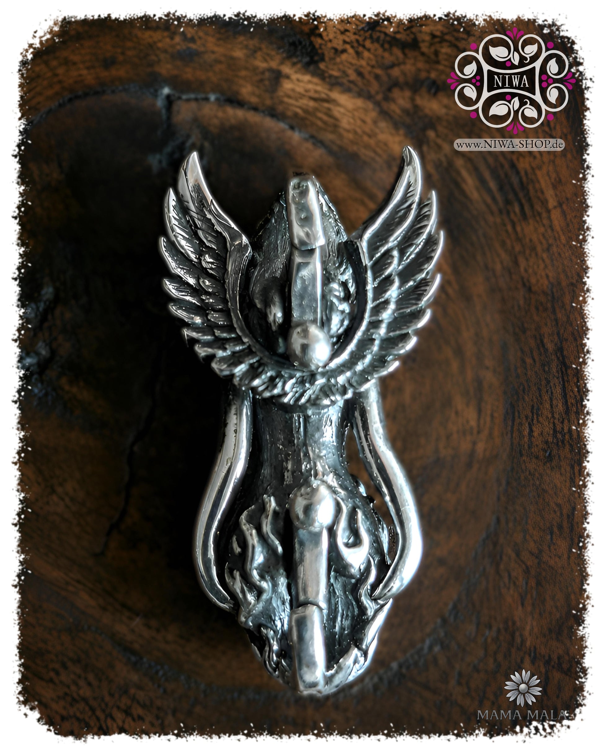 PHOENIXIA BORN of FIRE Lock by MAMA MALA made of 925 sterling silver in rear view on dark wood, with opened phoenix wings and integrated locking mechanism.