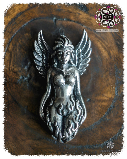 PHOENIXIA BORN of FIRE Lock by MAMA MALA made of 925 sterling silver in front view, with a calm female figure, wide open wings and stylized flames on the lower body.