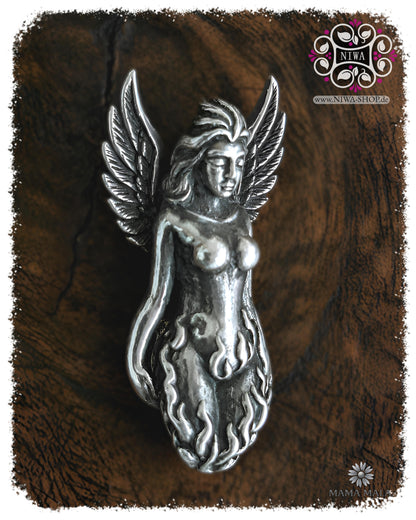 PHOENIXIA BORN of FIRE Lock by MAMA MALA made of 925 sterling silver in a slight side view from the left, with sculpturally crafted wings, a calm face and rising flames.