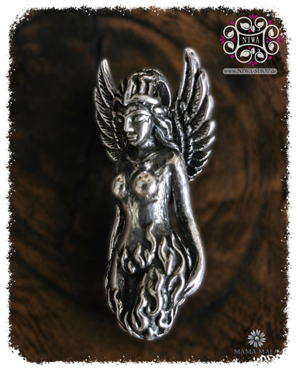 PHOENIXIA BORN of FIRE Lock by MAMA MALA made of 925 sterling silver in a slight side view from the right, with opened wings, sculptural flame structure and finely crafted face.