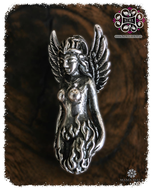 PHOENIXIA BORN of FIRE Lock by MAMA MALA made of 925 sterling silver in a slight side view from the right, with opened wings, sculptural flame structure and finely crafted face.