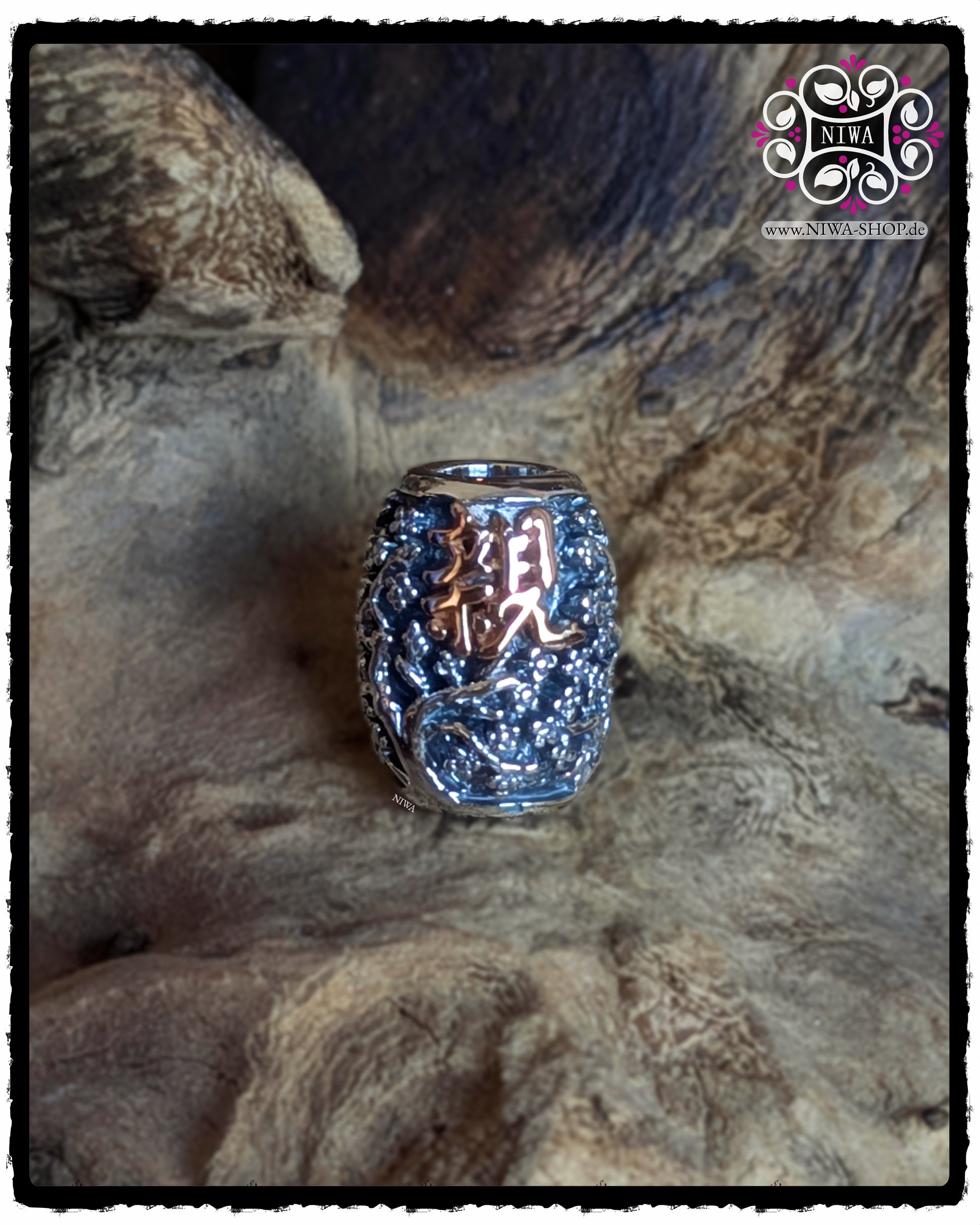 CHINESE GOODWILL BarrelCharm MAMA MALA, front view, Chinese character for good intention in solid 18K rose gold, detailed Sakura tree in 925 sterling silver, BarrelCharm from the CHINESE series