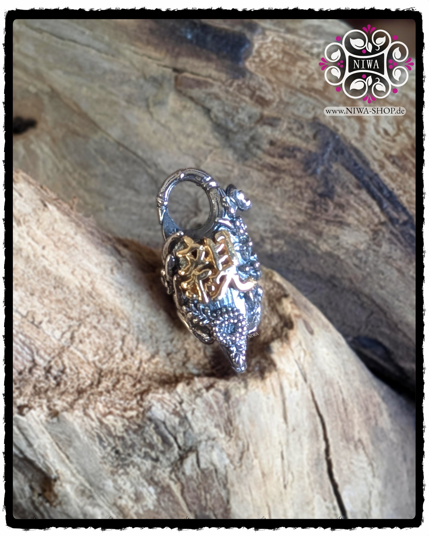 CHINESE GOODWILL Lock MAMA MALA by NIWA, Frontansicht, 925 SterlingSilber, chinesisches Schriftzeichen als 18K RoséGold Detail, florale Struktur