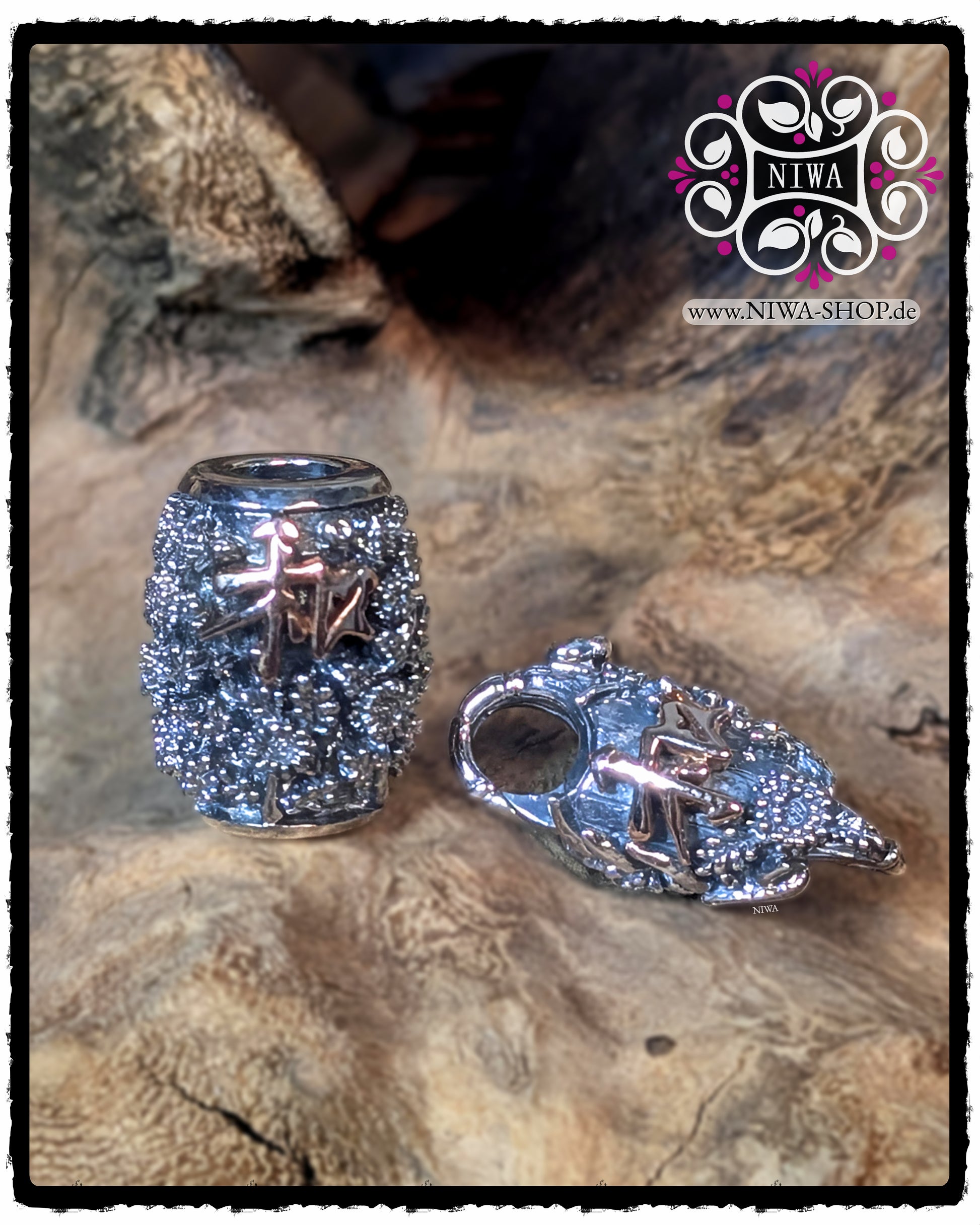 Set of CHINESE PEACE BARRELCHARM and CHINESE PEACE LOCK made of 925 STERLING SILVER with 18K ROSE GOLD CHARACTERS, both arranged with a detailed CHRYSANTHEMUM RELIEF on a natural wooden surface.