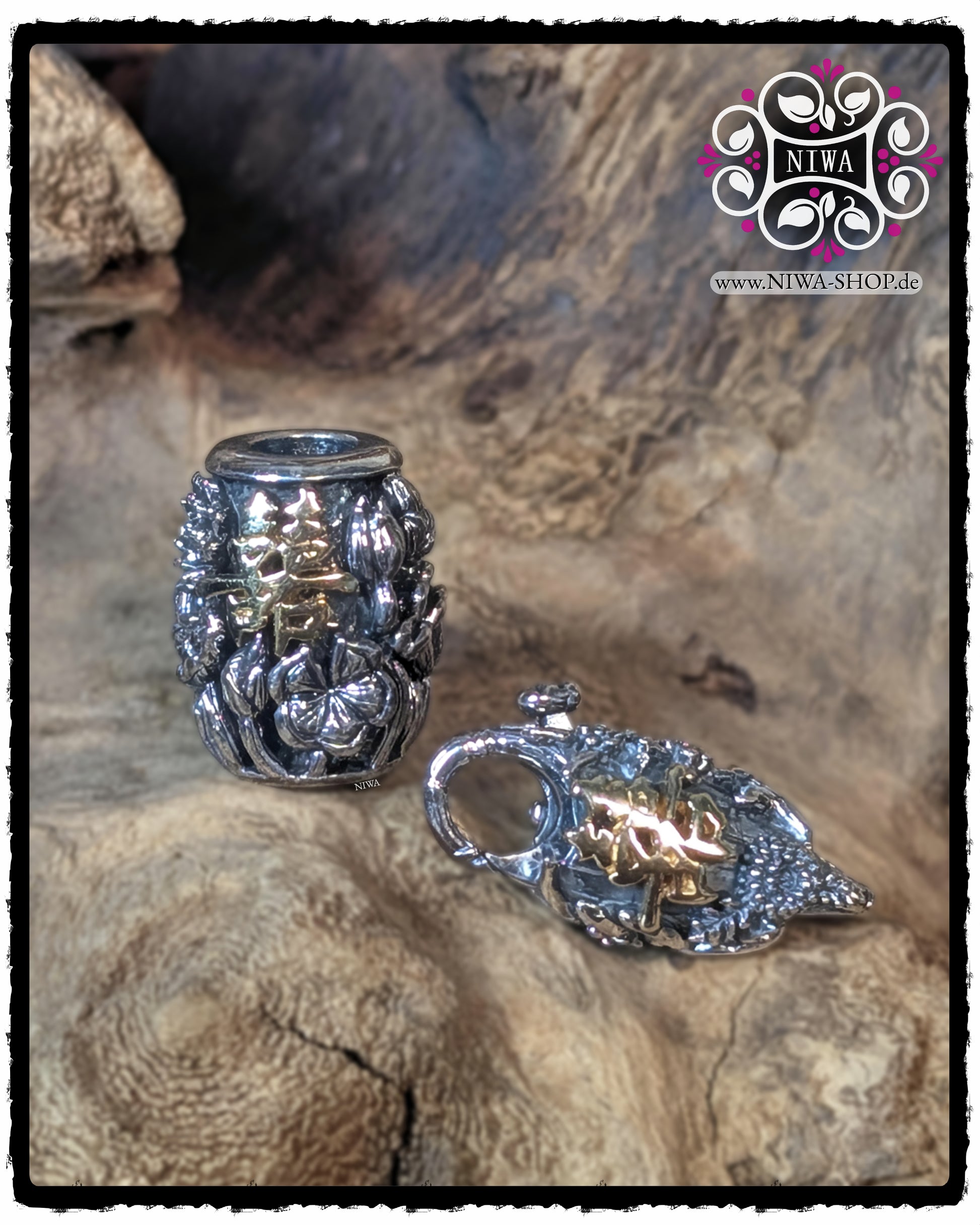 CHINESE DOUBLE HAPPINESS BarrelCharm with 18K yellow gold characters together with matching CHINESE DOUBLE HAPPINESS Lock, both arranged in a floral LOTUS design against a wooden background.