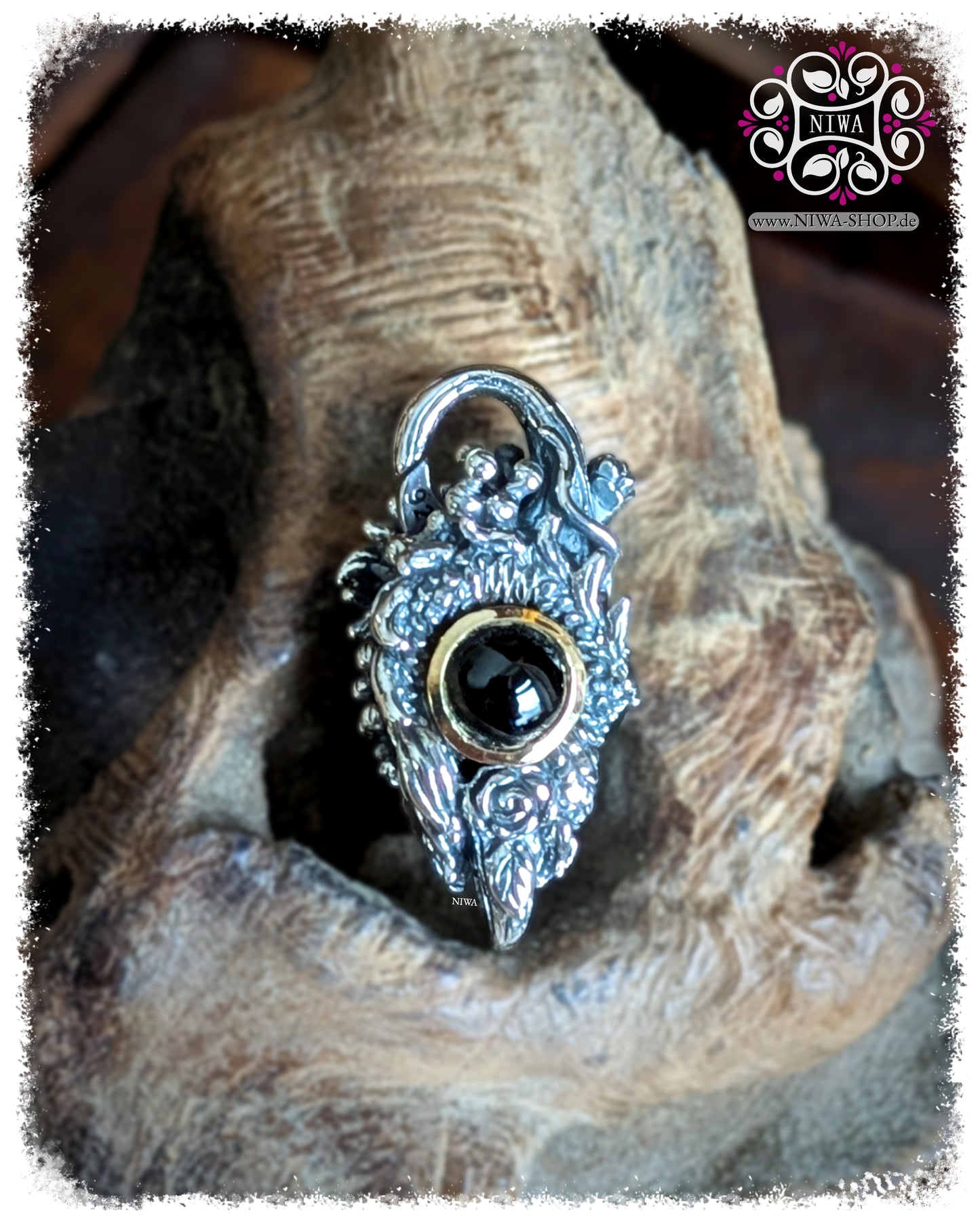 5FORCE DRAGON Lock Frontansicht, BLACK SPINEL CABOCHON im 18K GELBGOLD Ring, 925 STERLINGSILBER, detailreicher Drache