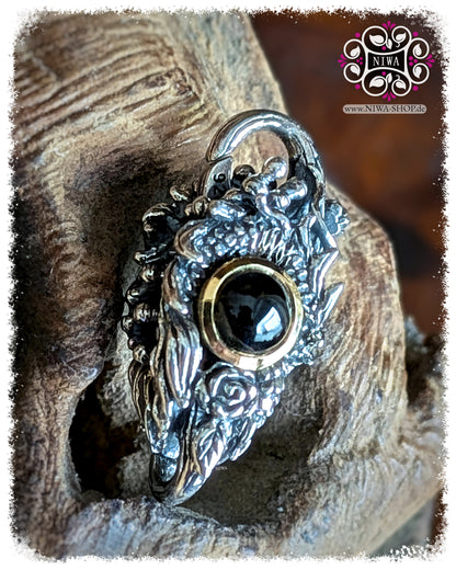 5FORCE DRAGON Lock Hauptbild, BLACK SPINEL CABOCHON im 18K GELBGOLD Ring, 925 STERLINGSILBER, detailreicher Drache