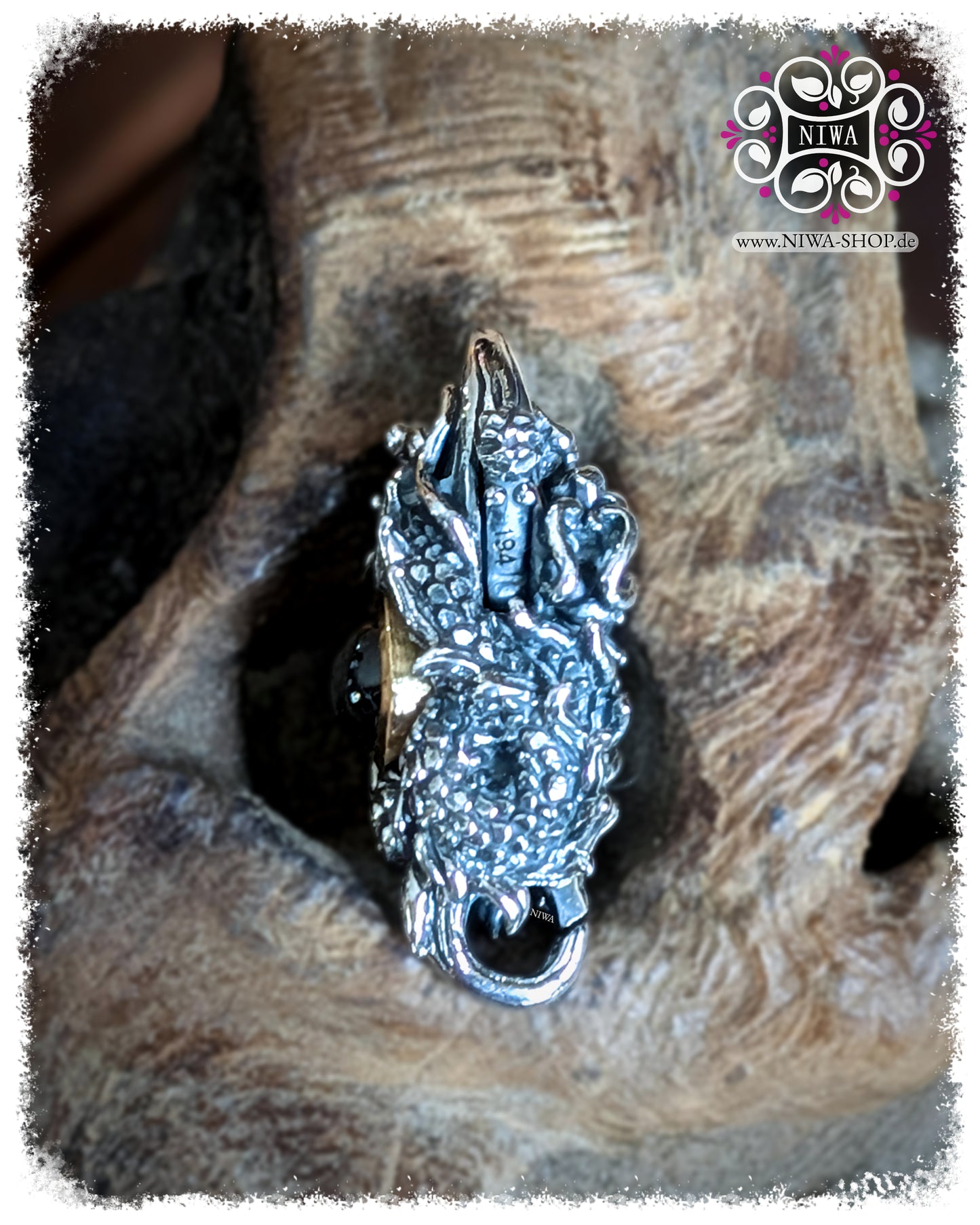 5FORCE DRAGON Lock Seitenansicht, 925 STERLINGSILBER, 18K TWOTONE GELBGOLD Ring seitlich sichtbar, detailreicher Drache, SCHWARZER SPINELL Variante