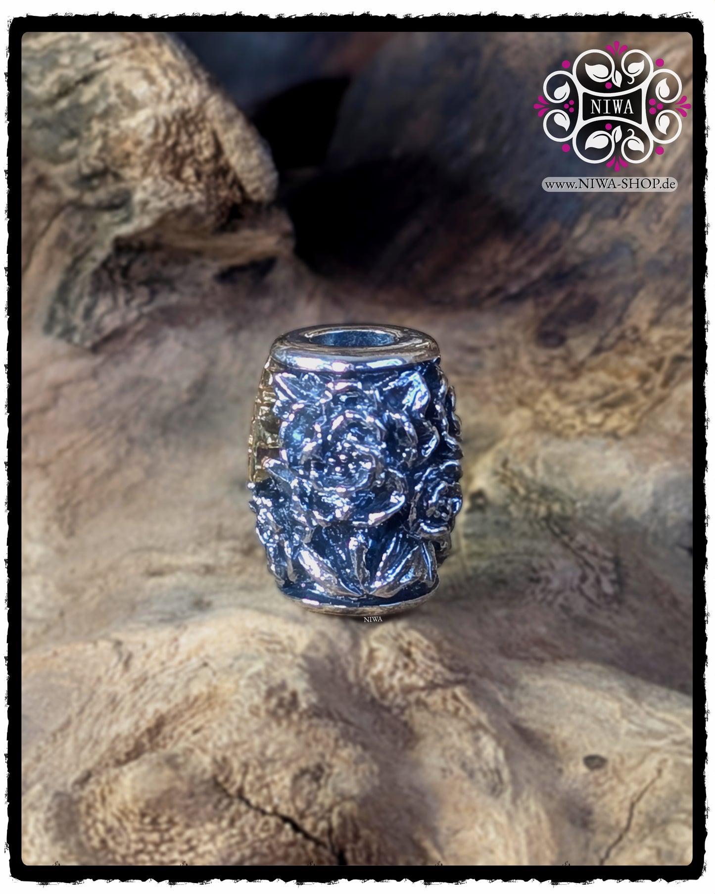 CHINESE LONGEVITY BarrelCharm alternative Seitenansicht aus 925 SterlingSilber, detaillierte Oberflächenstruktur des PEONY Motivs