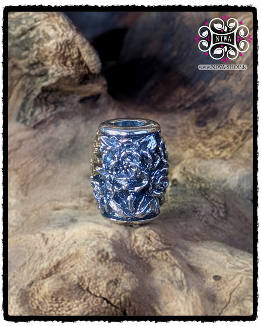 CHINESE LONGEVITY BarrelCharm alternative Seitenansicht aus 925 SterlingSilber, detaillierte Oberflächenstruktur des PEONY Motivs