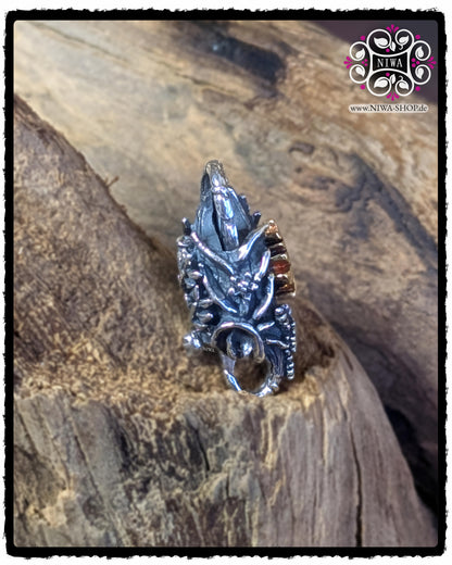 CHINESE LONGEVITY Lock, Seitenprofil auf Holz, 925 STERLINGSILBER, Gesamt-Relief aus SAKURA, ORCHIDEEN, BAMBUS, CHRYSANTHEME, LOTUS und PEONY, TwoTone Echtgold-Element fest integriert, kompatibel mit gängigen Bead Armbändern.