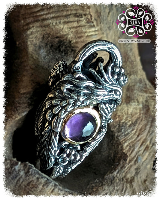 5FORCE PHOENIX Lock MAMA MALA, 925 SterlingSilber TwoTone, 18K GelbGold Fassung mit violettem AMETHYST Cabochon, Hauptansicht mit detailliertem Federornament
