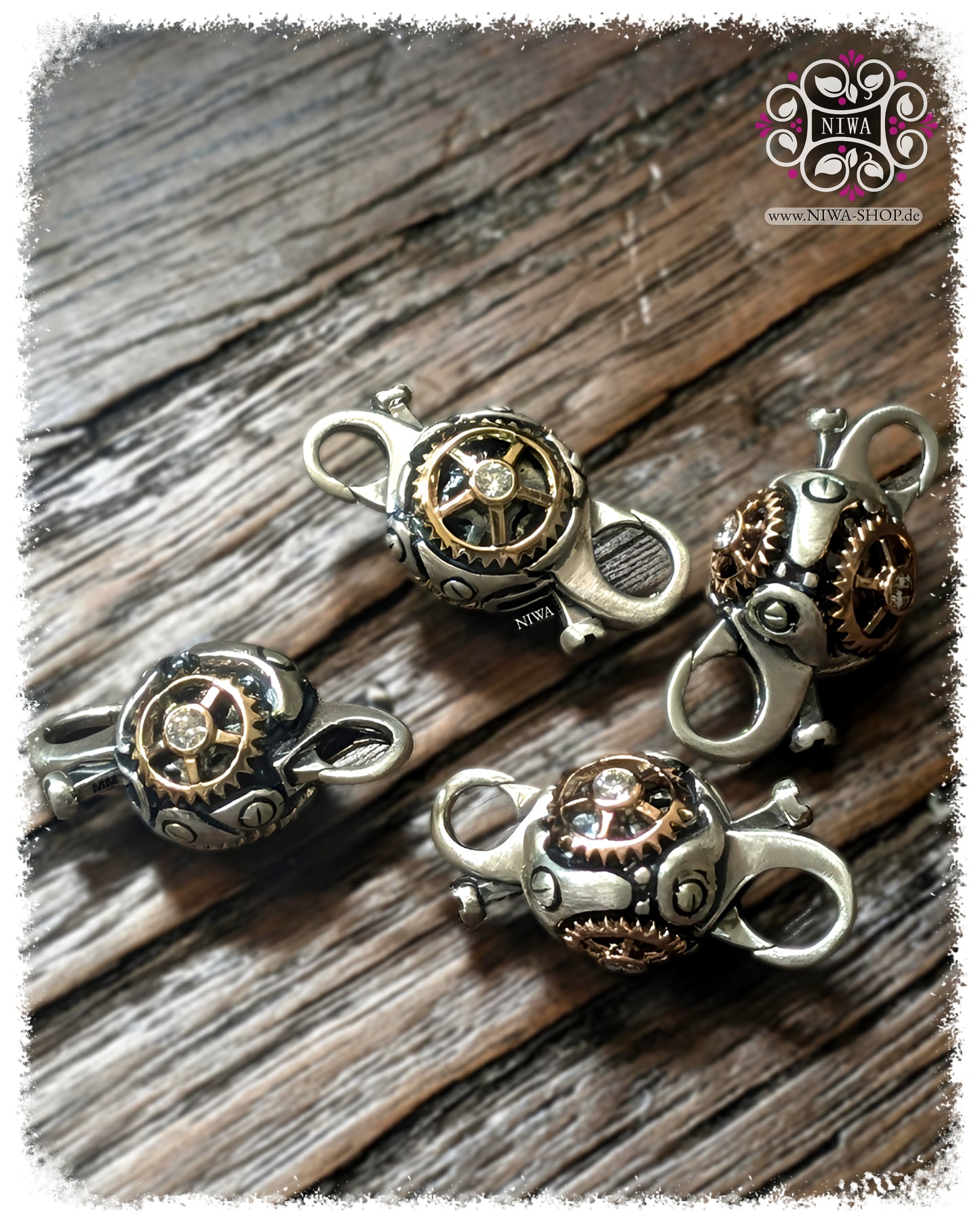 WHEEL of LIFE Lock Verschluss aus 925 Silber und 18K Gold TwoTone von MAMA MALA | Handgefertigtes Zahnrad-Design mit weißen Diamanten
