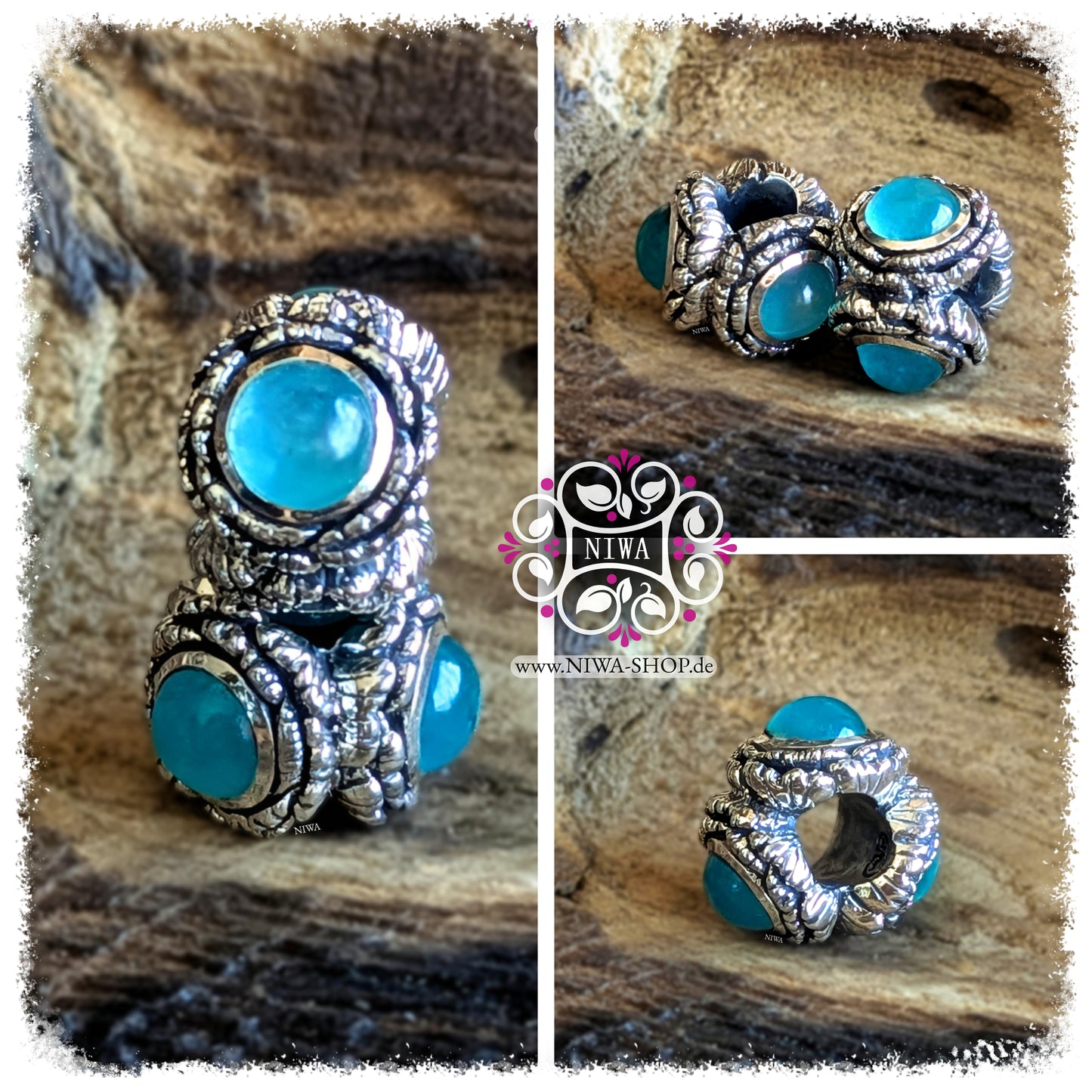 PEONY BLOOM Charm aus 925 SterlingSilber mit BLUE LAGOON AMAZONITE Cabochons, Collage mit mehreren Ansichten der blaugrünen Variante aus der BLOOM Serie von NIWABeads