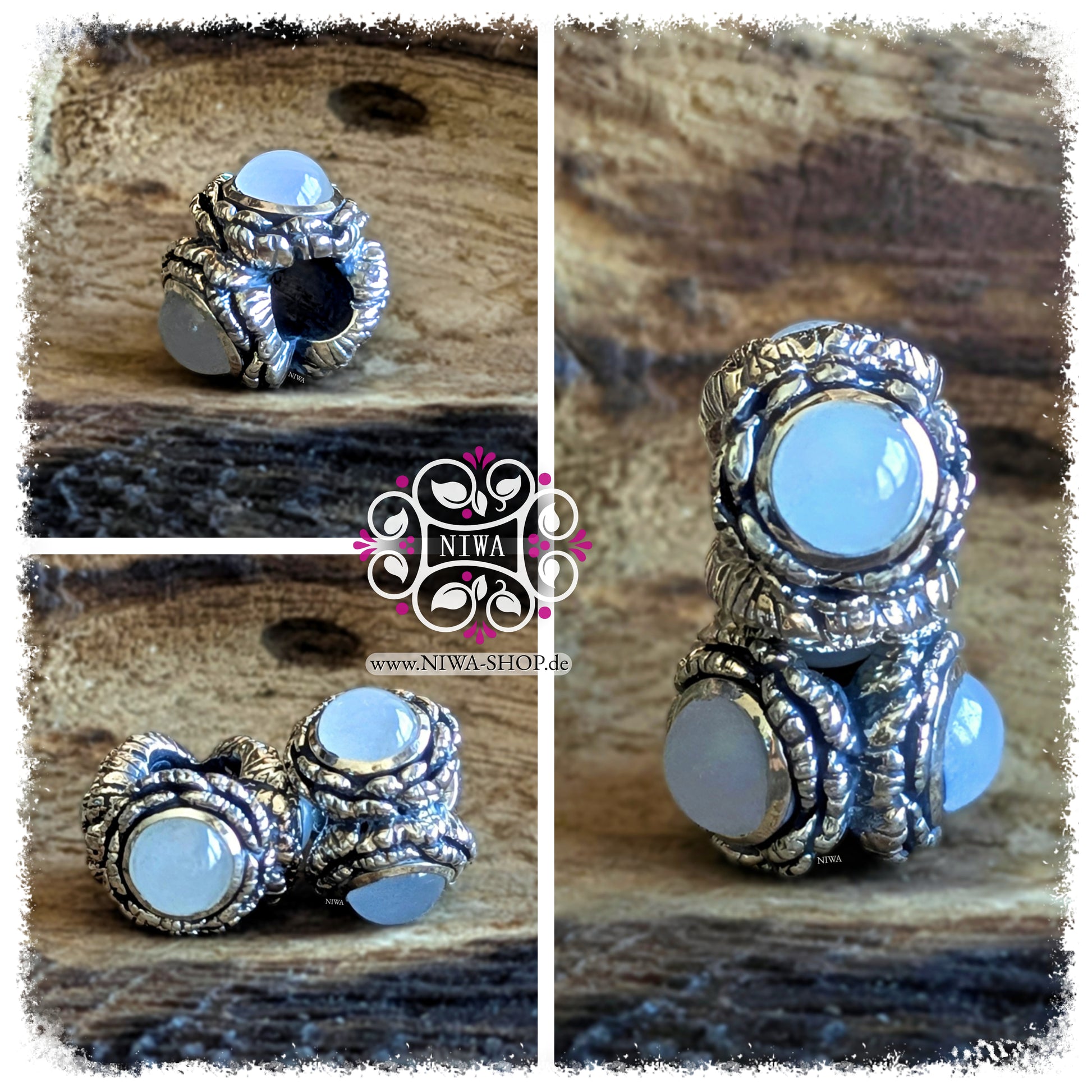 PEONY BLOOM Charm aus 925 SterlingSilber mit CLOUD JADE Cabochons, Collage mit mehreren Ansichten der hellen milchig grünen Variante aus der BLOOM Serie von NIWABeads