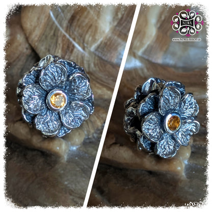 YELLOW CITRINE FORGET ME NOT Charm, NIWABEADS FLORAL GLORY, solid 925 STERLING SILVER, collage with front view and side view, yellow gemstone in setting, detailed petals, solid floral look.