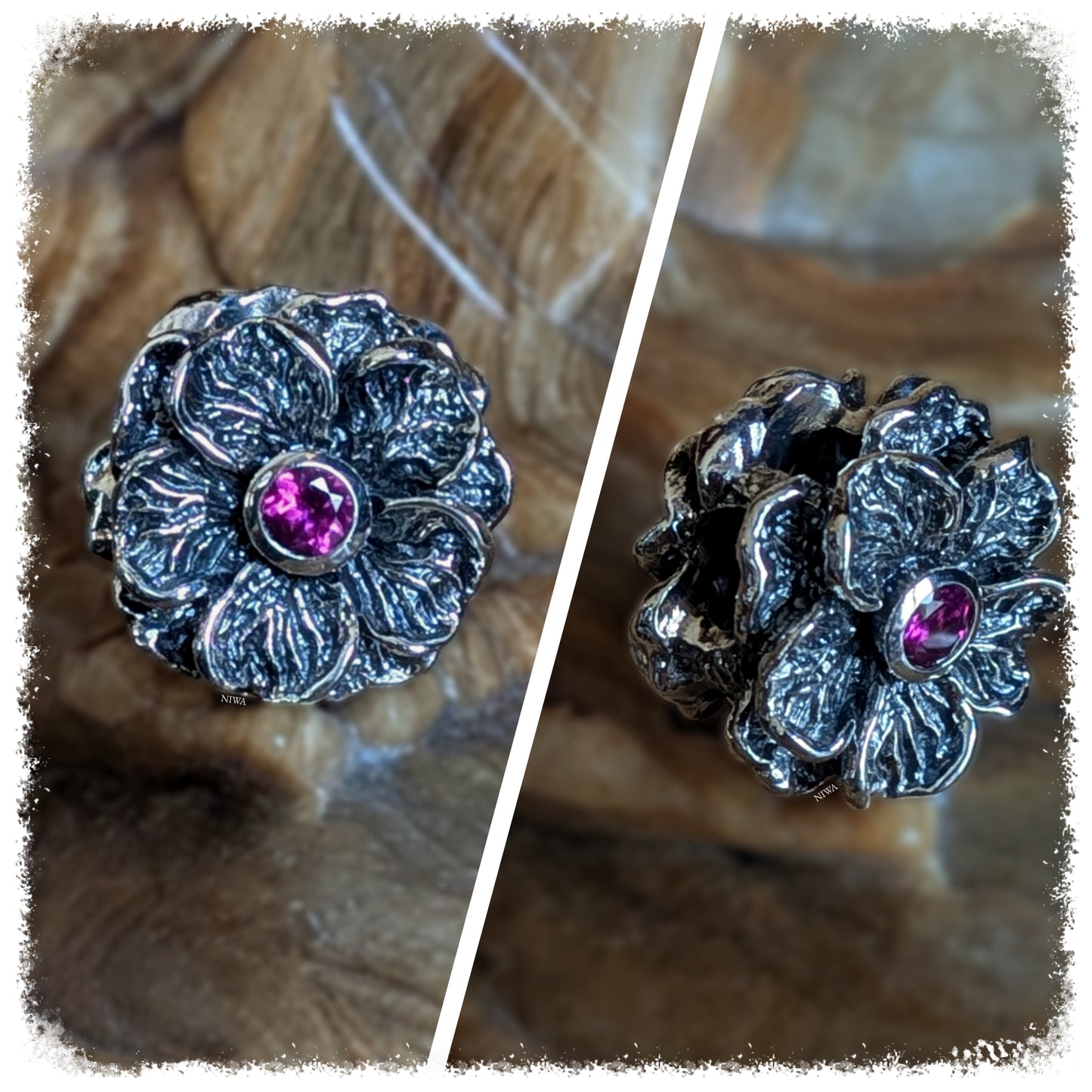 VIOLETTER GRANAT FORGET ME NOT Charm, NIWABEADS FLORAL GLORY, massives 925 STERLINGSILBER, Kollage mit Frontansicht und schräger Seitenansicht, violetter GRANAT im Diamond Cut Schliff in Fassung, je nach Licht leicht rosiger Schimmer, tiefe Kontraste in den Vertiefungen, massive florale Form.