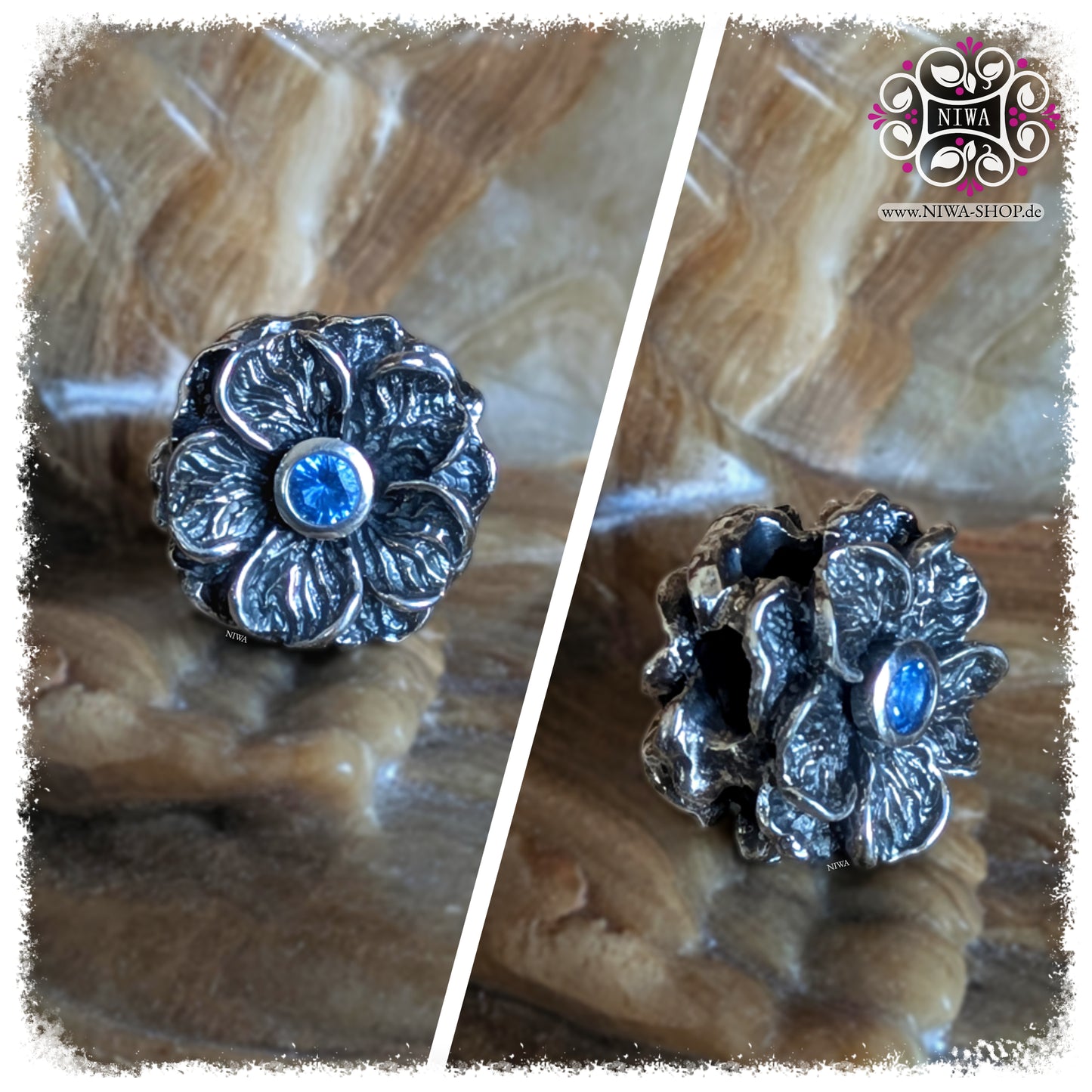 BLUE QUARTZ FORGET ME NOT Charm, NIWABEADS FLORAL GLORY, massives 925 STERLINGSILBER, Kollage mit Frontansicht der Blüte und schräger Seitenansicht, blauer Edelstein zentral gefasst, detailreiche Blütenblätter mit oxidierter Struktur, tiefe Kontraste in den Vertiefungen, massive florale Form.