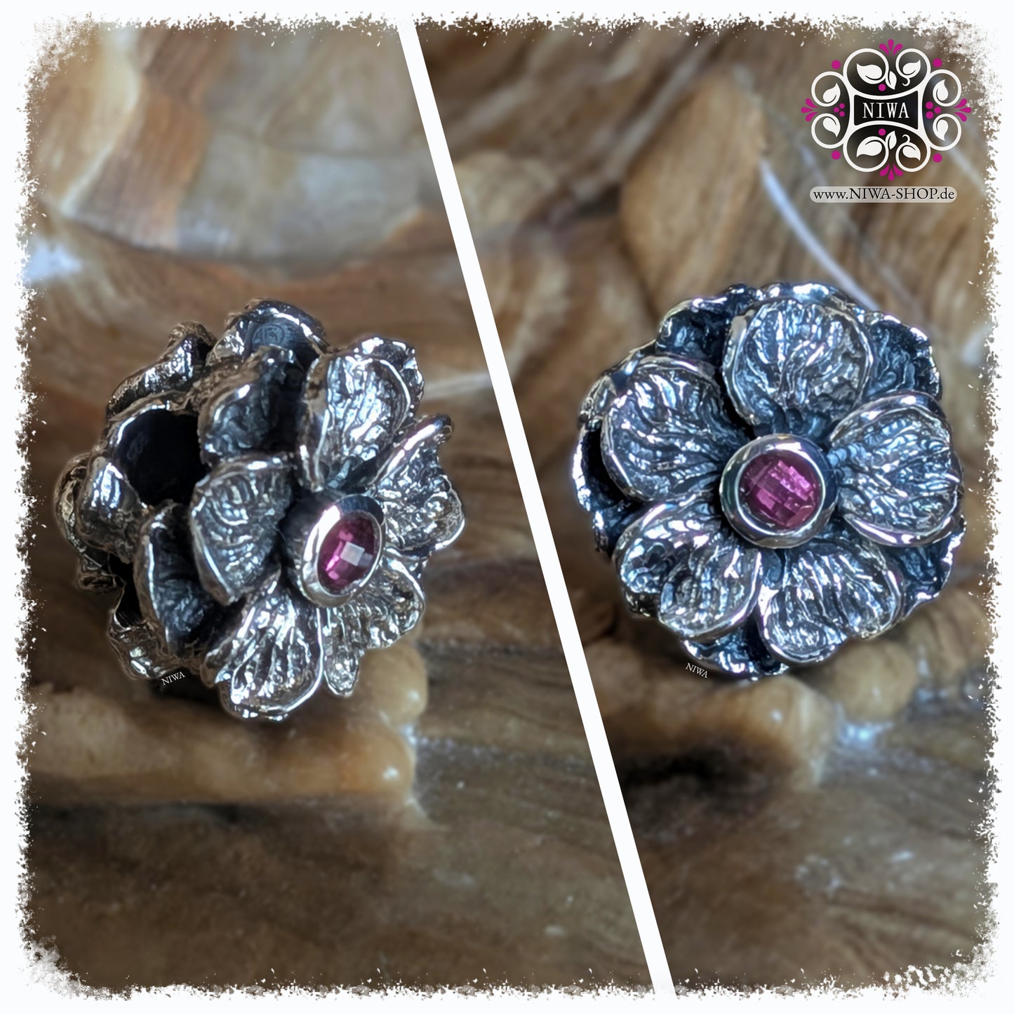 FORGET ME NOT Charm, NIWABEADS FLORAL GLORY, massives 925 STERLINGSILBER, rosa RHODOLITH im ovalen Schliff in Fassung, Kollage mit Frontansicht der Blüte und schräger Seitenansicht, detailreiche Blütenblätter mit oxidierter Struktur, Edelstein zentral gefasst und gut sichtbar.