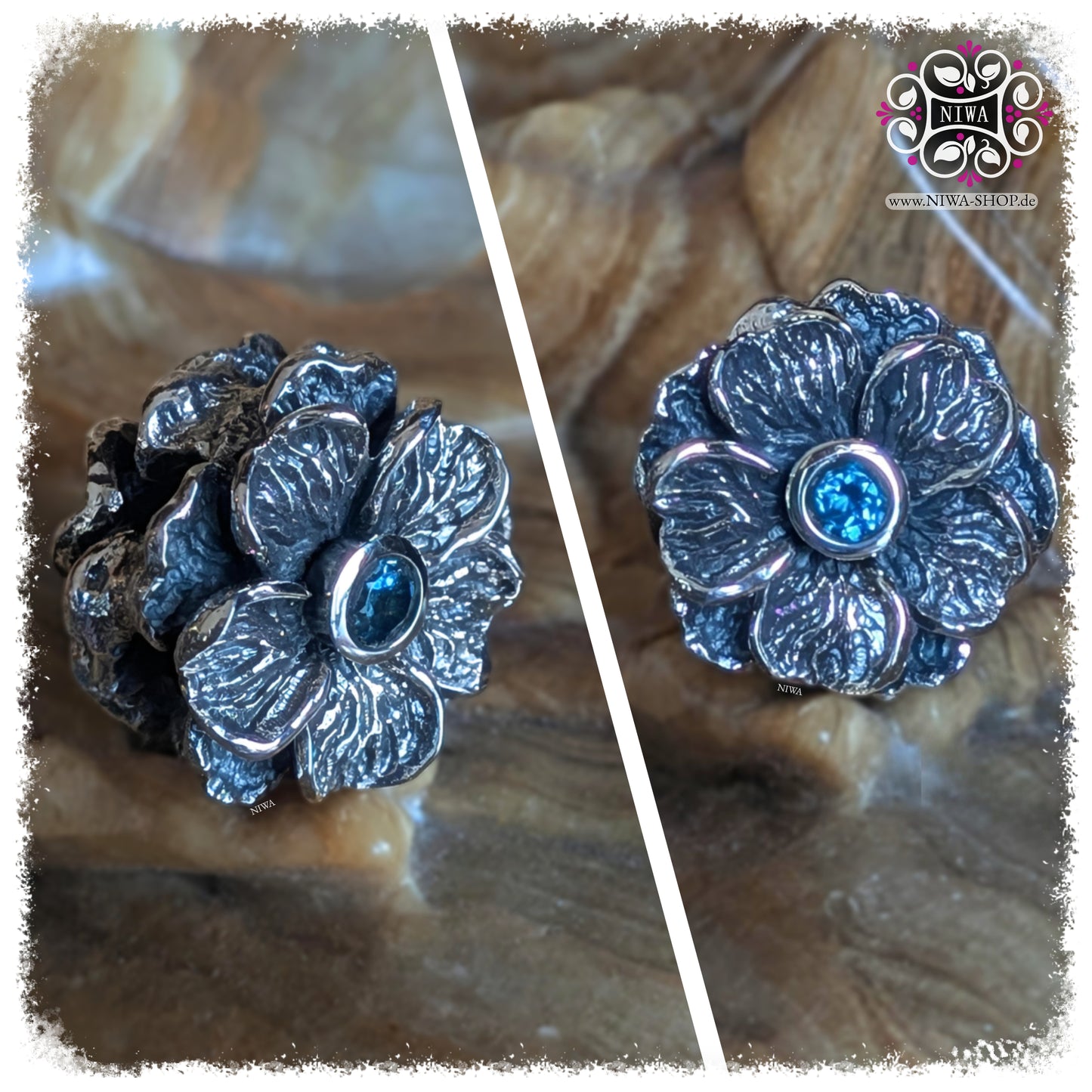 BLUE LONDON TOPAS FORGET ME NOT Charm, NIWABEADS FLORAL GLORY, massives 925 STERLINGSILBER, Kollage mit Frontansicht und Seitenansicht, dunkelblauer Edelstein in Fassung, plastische Blütenform, detaillierte Blattstruktur.