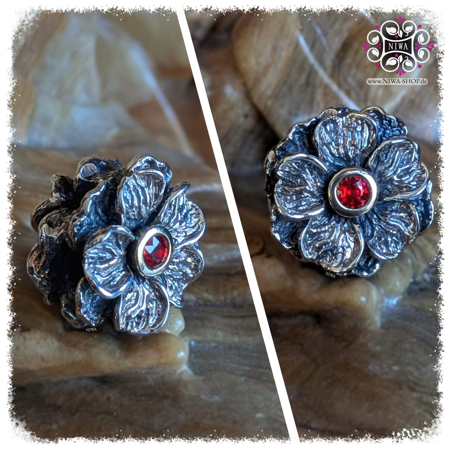 RED SAPPHIRE FORGET ME NOT Charm, NIWABEADS FLORAL GLORY, TWOTONE aus massivem 925 STERLINGSILBER mit Fassung aus massivem 14K GELBGOLD, Kollage mit Frontansicht der Blüte und schräger Seitenansicht, roter Saphir zentral gefasst, detailreiche Blütenblätter mit oxidierter Struktur, starke Kontraste in den Vertiefungen, massive florale Form.