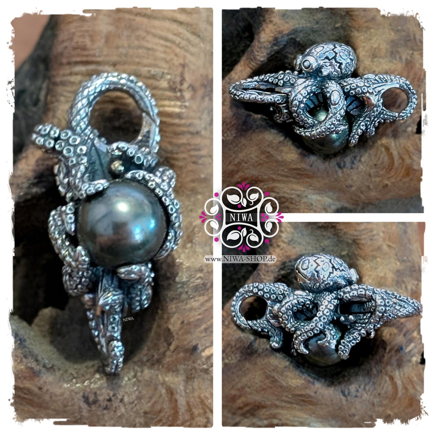 KRAKEN Lock, NIWABeads, Perlenfarbe TAHITI, 925 SterlingSilber, Collage mit mehreren Perspektiven, dunkle Perle im Kraken gehalten, MYSTIC PEARL Serie, OCEAN Kollektion.
