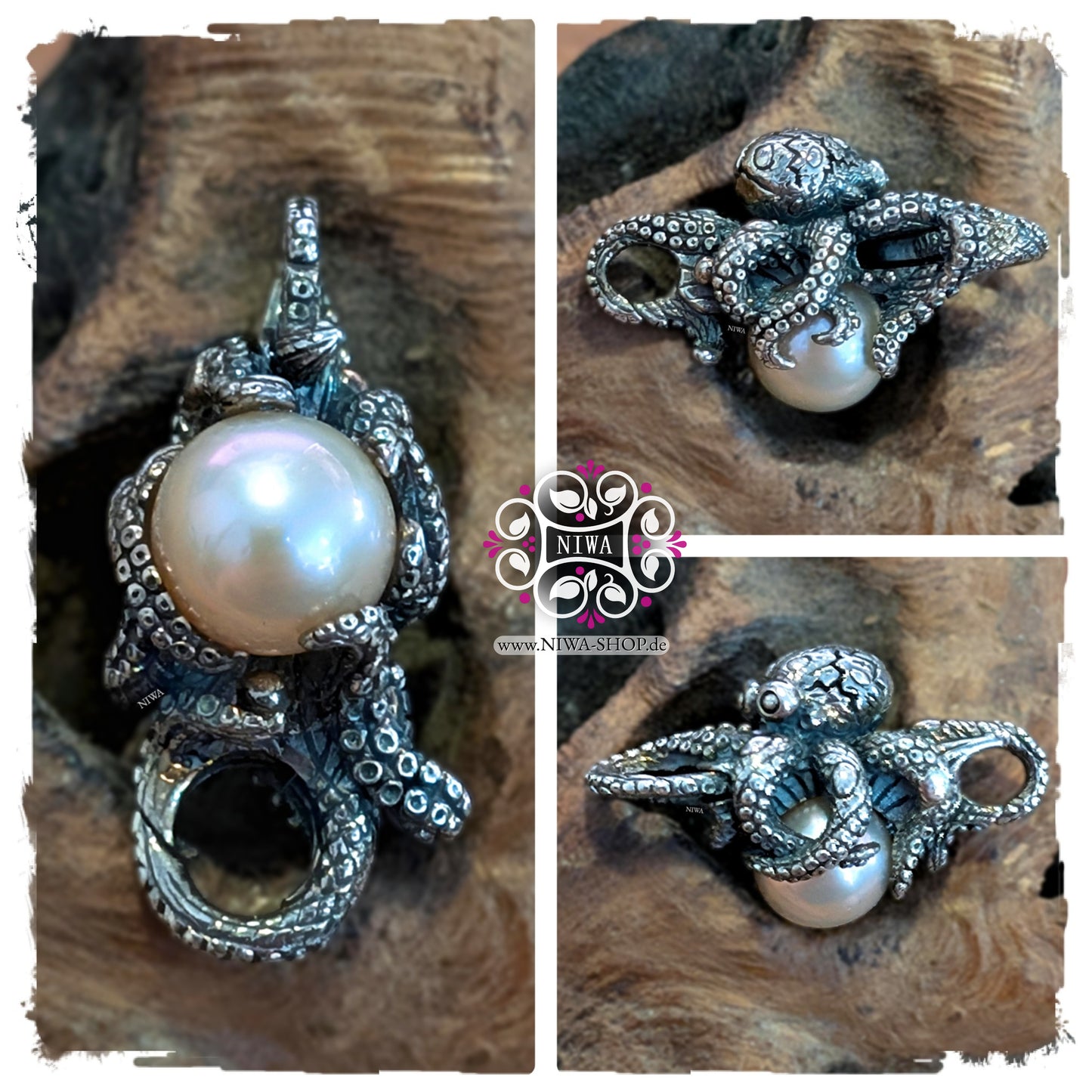 KRAKEN Lock, NIWABeads, Perlenfarbe ROSÉ, 925 SterlingSilber, Collage mit Front und Seitenansichten, zart rosiger Perlenschimmer, MYSTIC PEARL Serie, OCEAN Kollektion.