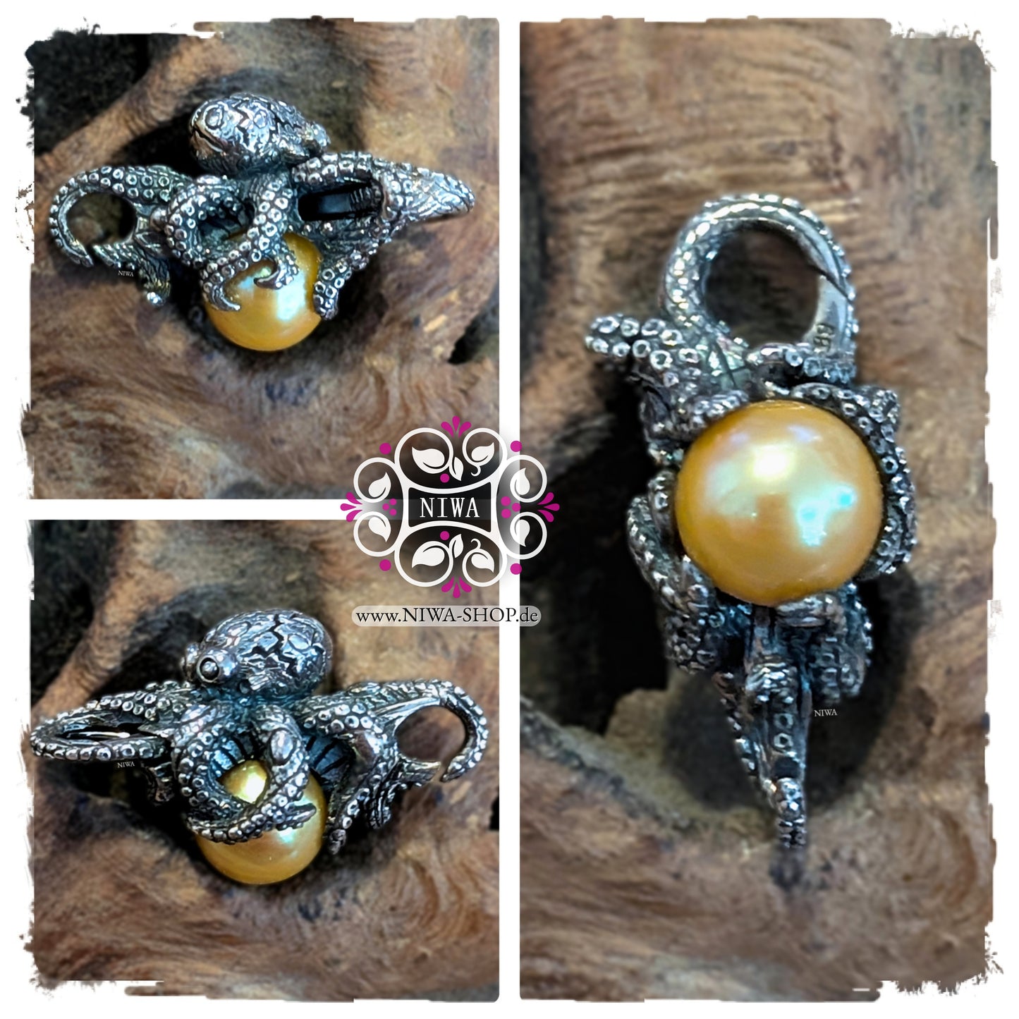 KRAKEN Lock, NIWABeads, Perlenfarbe CHAMPAGNER, 925 SterlingSilber, Collage mit Detailansichten, warm goldener Perlenton, MYSTIC PEARL Serie, OCEAN Kollektion.