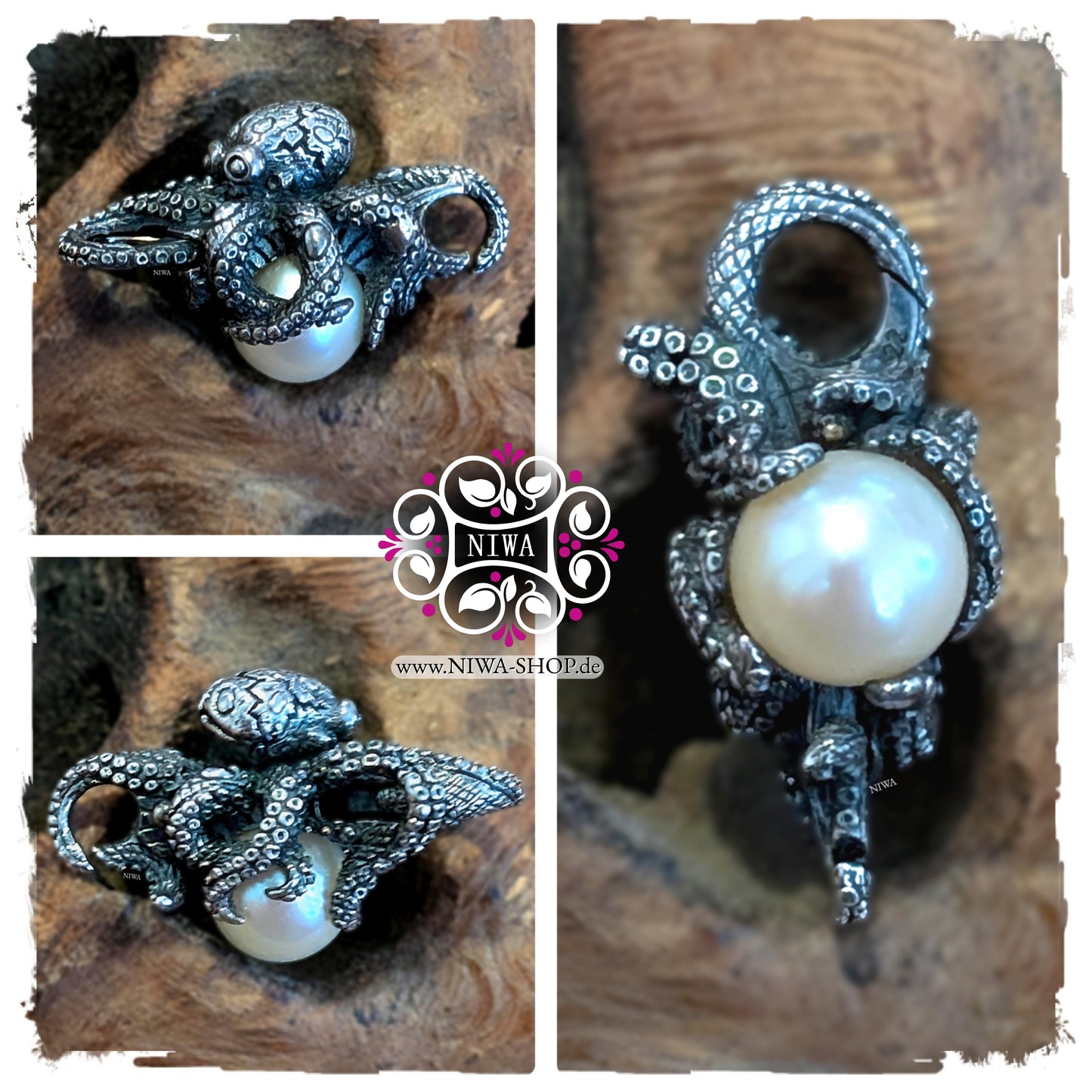 KRAKEN Lock, NIWABeads, Perlenfarbe LUSTRE-WEISS, 925 SterlingSilber, Collage mit Nahaufnahmen, weißer Perlenglanz als Lichtpunkt, MYSTIC PEARL Serie, OCEAN Kollektion.