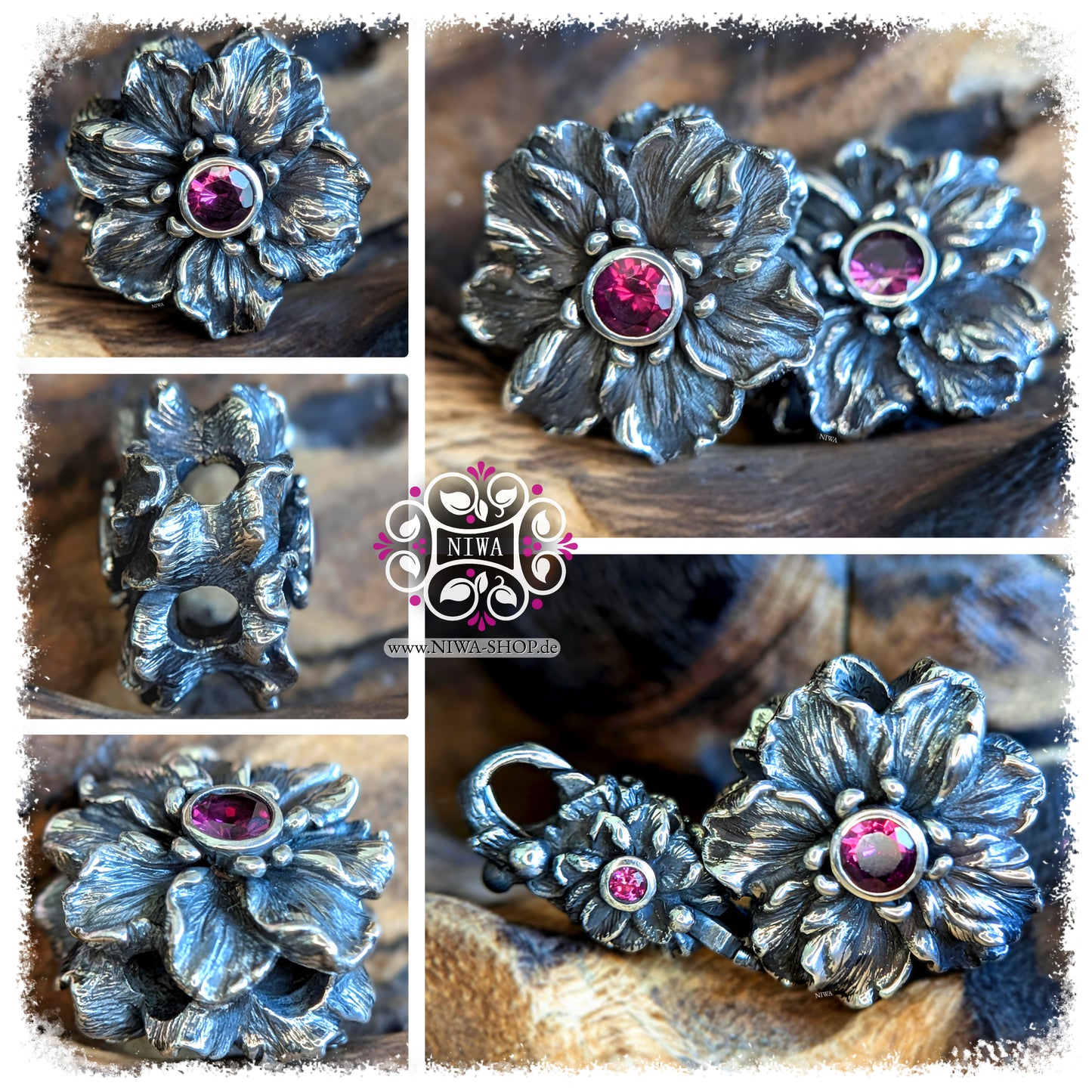 HIBISCUS GLORY charm made of 925 sterling silver with purple garnet, collage with front view, oblique view, side view, back view and view together with matching Hibiscus Lock from the FLORAL GLORY series by NIWABeads.