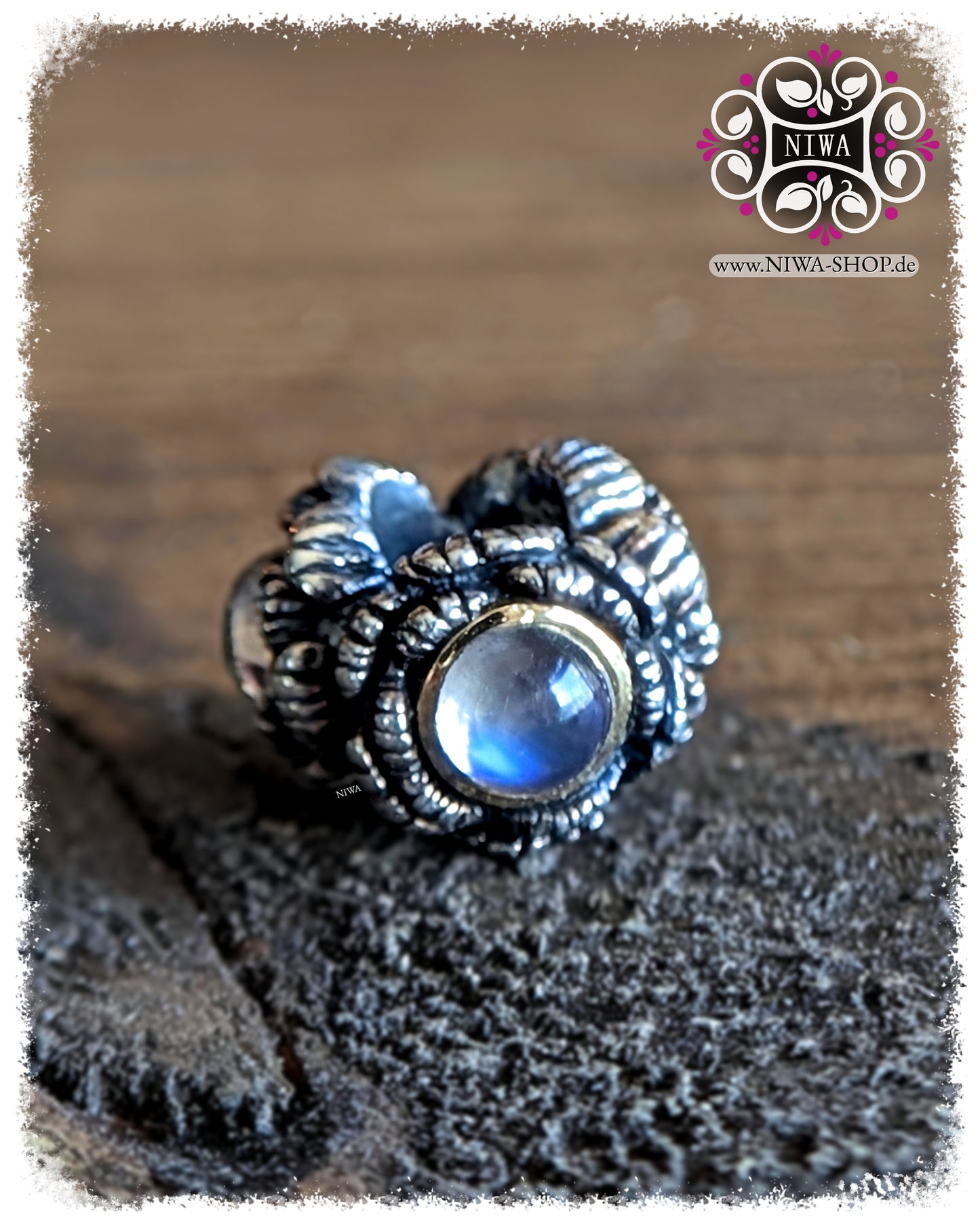 BABY PEONY BLOOM MiniCharm Cabochon Edition with blue moonstone, single view from the front with cabochon and gold setting by NIWABeads